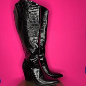 Nasty Gal Croc Embossed Faux Leather Knee High Pull-On Western Boot Sz 8